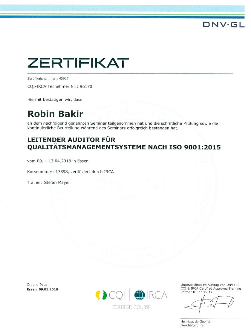 DNV GL Zertifikat Lead Auditor ISO 9001:2015 Qualitätsmanagement