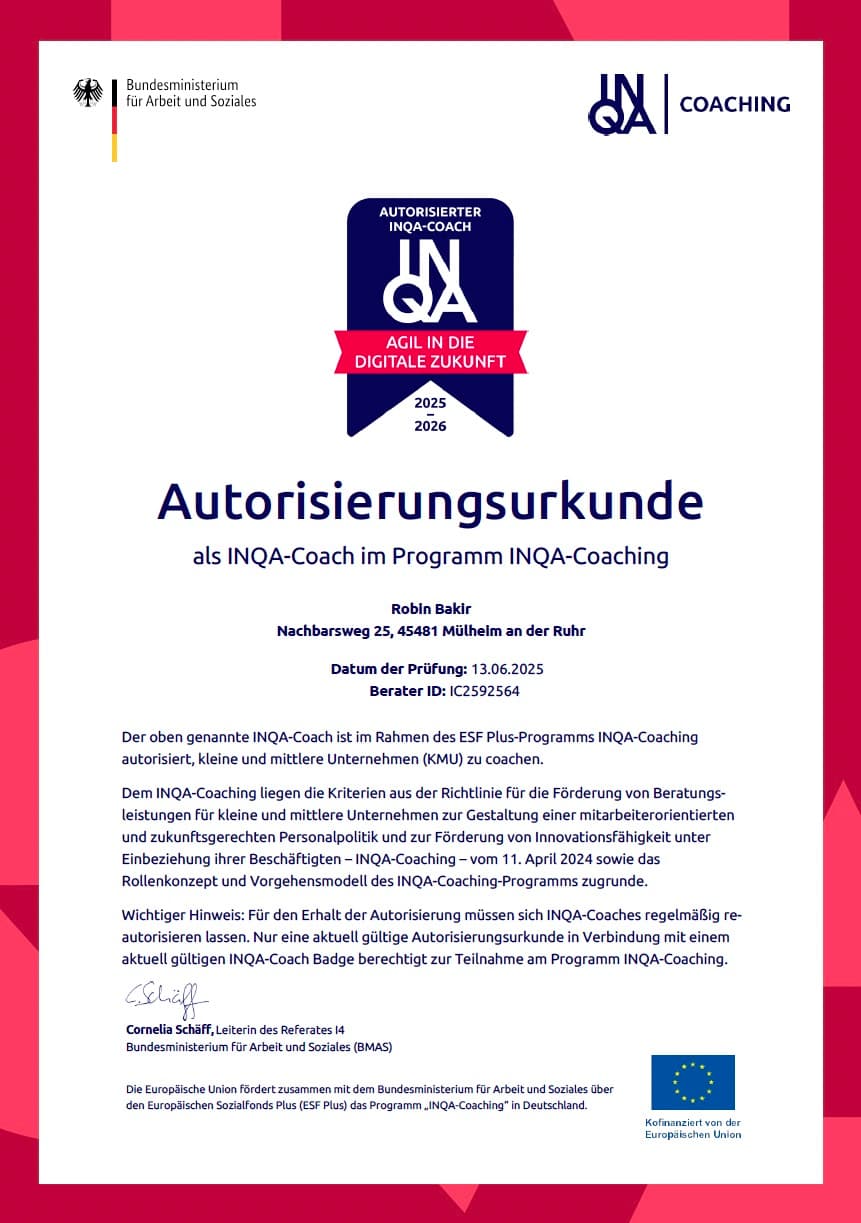INQA-Coach Autorisierungsurkunde 2025-2026 vom Bundesministerium für Arbeit und Soziales
