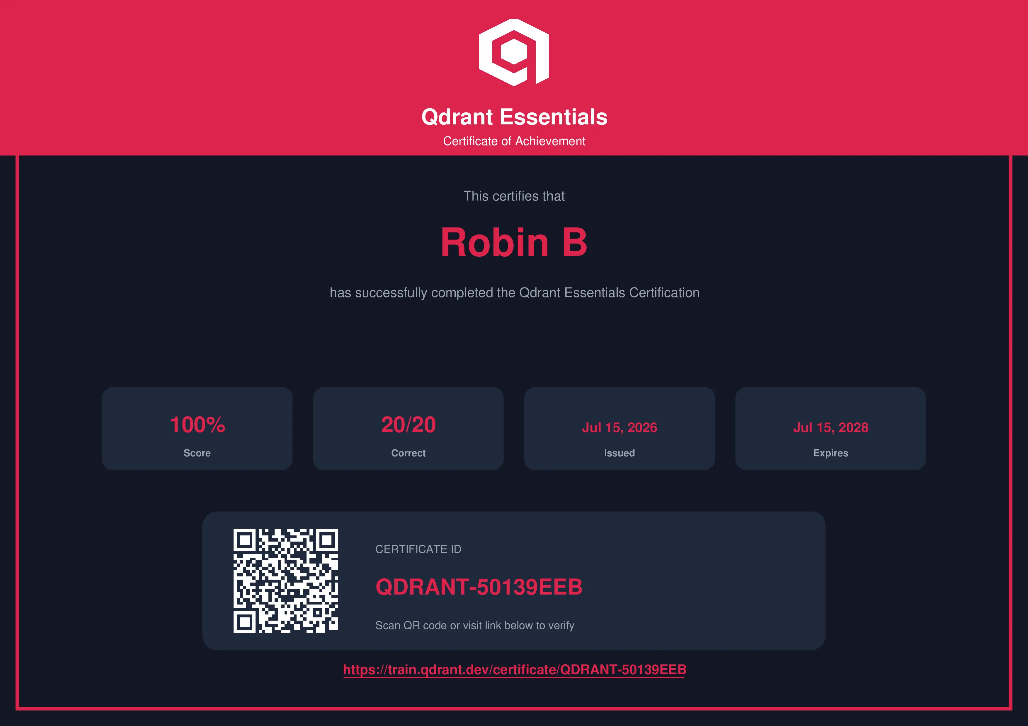 Qdrant Essentials Zertifikat — Vektor-Datenbank und semantische Suche, ausgestellt von train.qdrant.dev, Robin Bakir